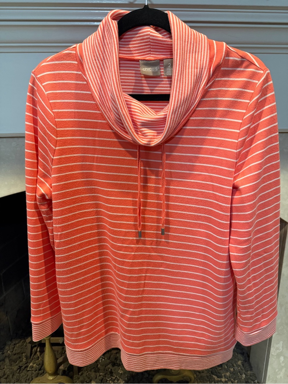 Chico's Coral and White Striped Cowl Neck Sweatshirt size large